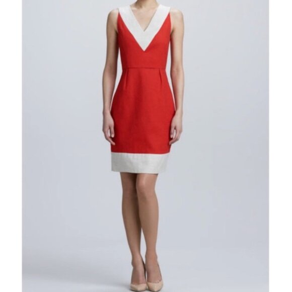 Kate Spade James Mini Dress Sleeveless Linen Blend Woven Sheath Red Cream Size 8 - Picture 9 of 10